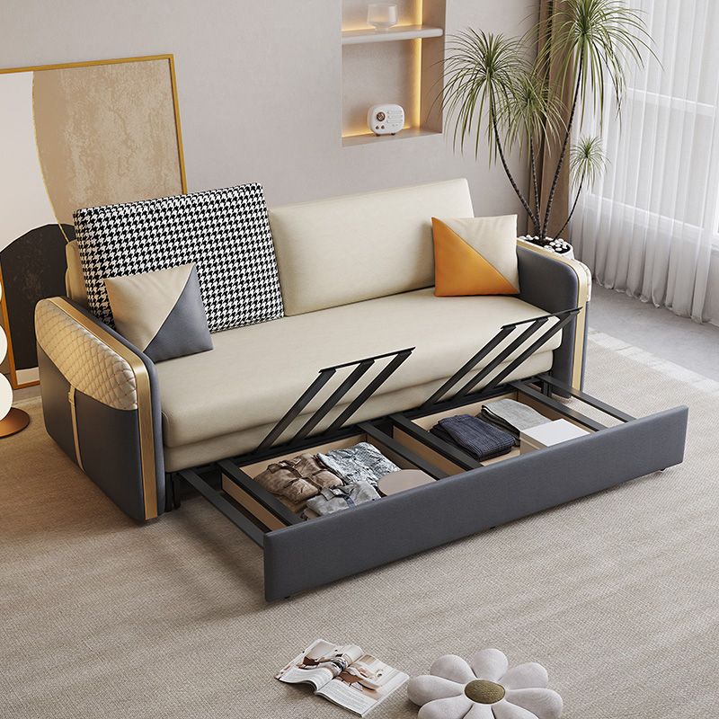 White Pillow Back Sleeper Sofa Square Arms Faux Leather Convertible Sofas