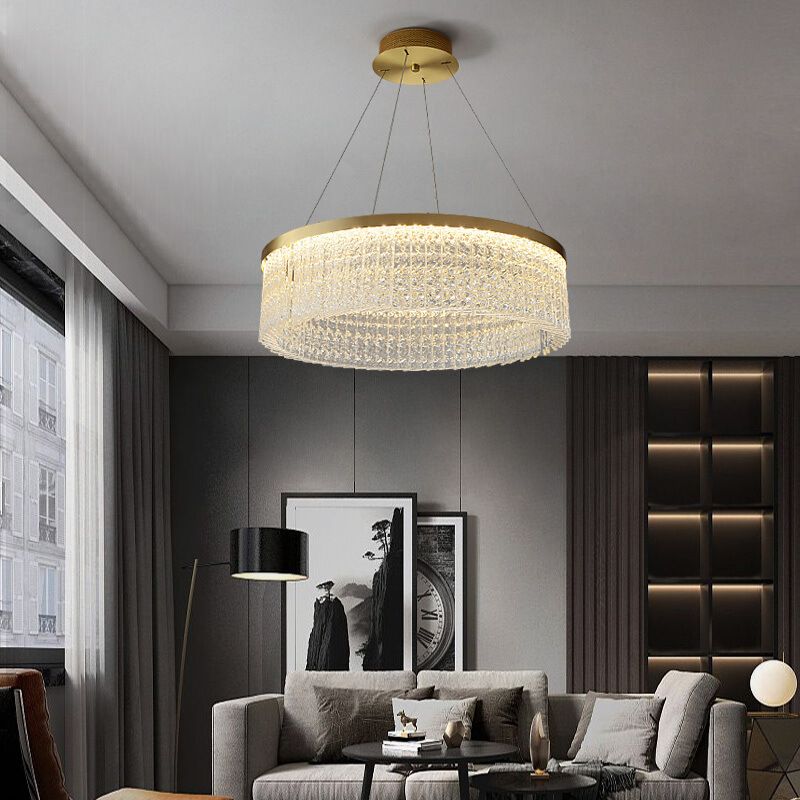 Minimalistic Chandelier Gold Geometric Shaped LED Hanging Island Light with Crystal Shade