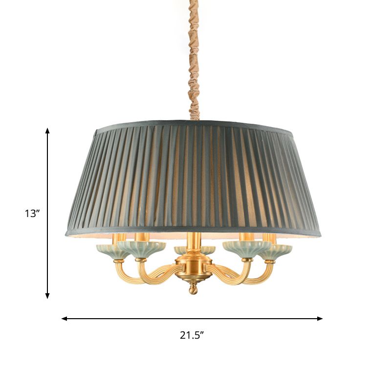 Fabric Pleated Drum Ceiling Chandelier Country 5 -Head Dining Room Hanging Pendant Light in Gray