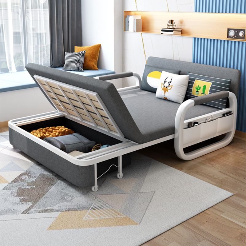 Linen Convertible Sofa Bed in Grey with Square Arms and Storage