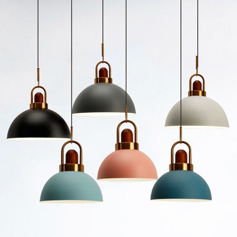 Metal Hemispherical Hanging Light Nordic Style 1 Light Restaurant Ceiling Pendant Lamp with Wooden Top