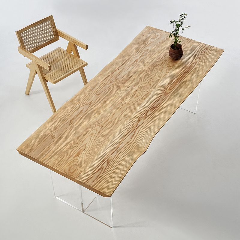 Natural Ash Wood Dining Table Rectangle Clear Acrylic Double Pedestal Table