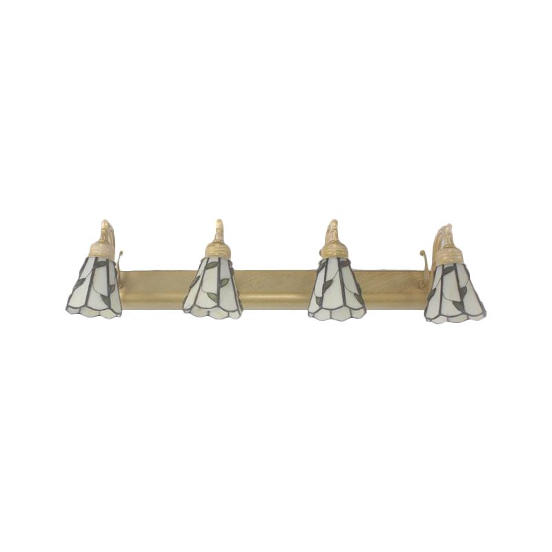 Rustic Bathroom Lighting with Leaf Pattern Stained Glass 4 Lights Wall Sconce Lamp in Copper/Antique Brass/Beige