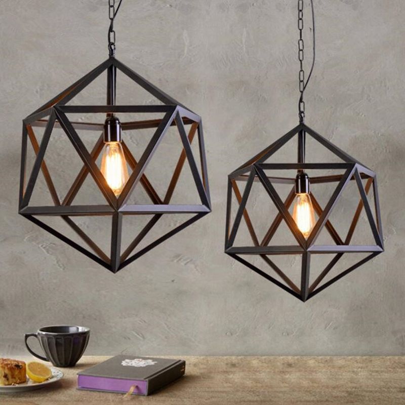 Hexahedron Wrought Iron Cage Hanging Light Vintage Industrial Style Lighting Fixture with 31.5" Adjustable Suspended Chain