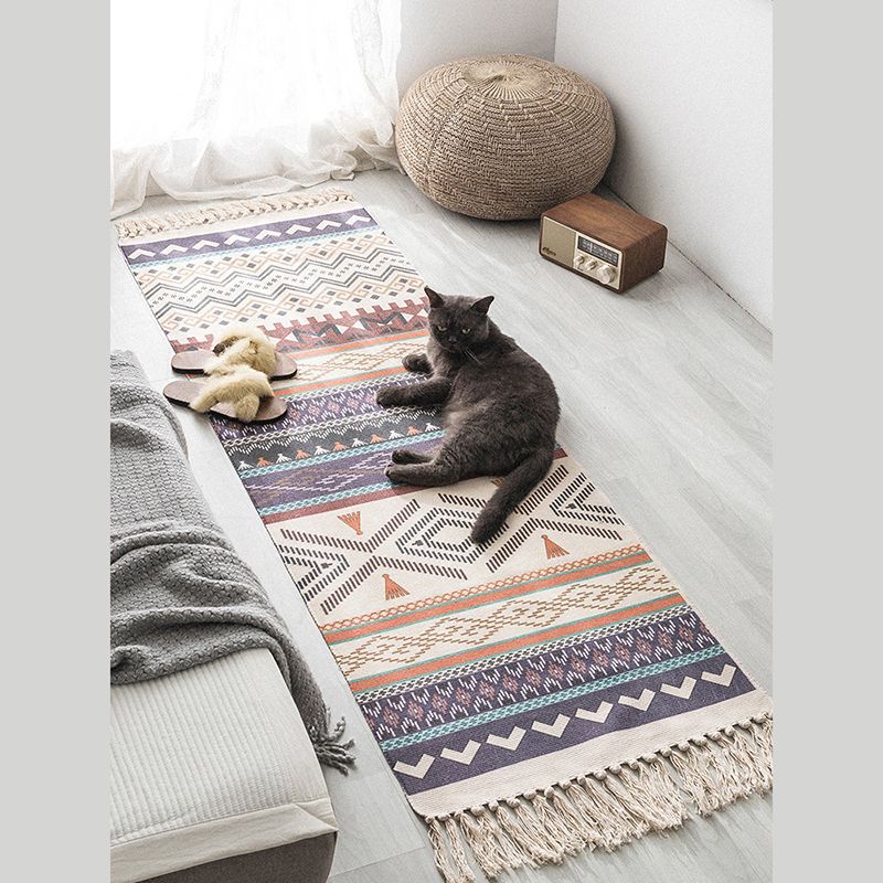 Bohemian Americana Pattern Carpet Purple Polyester Area Rug Fringe Indoor Rug for Home Decor