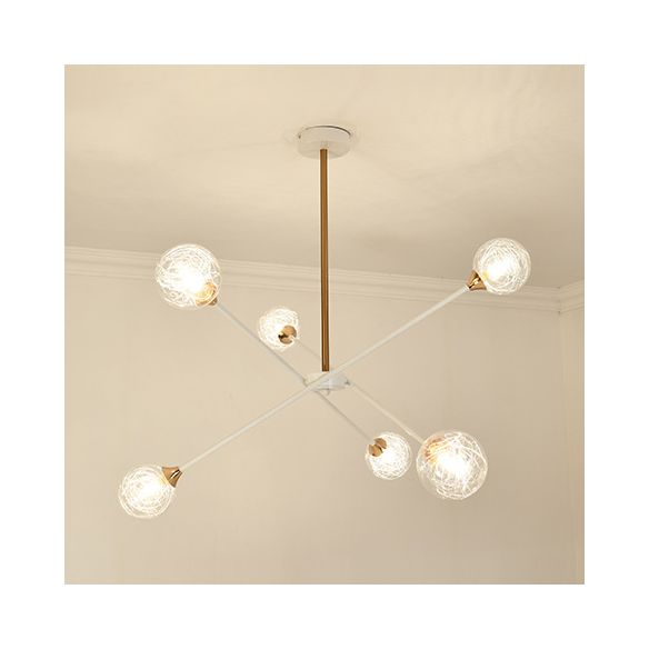 Contemporary White Arm Chandelier Line Metallic Amber//Clear/Silver/Smoke Grey/White Suspension Light with Spherical Shade for Study Room