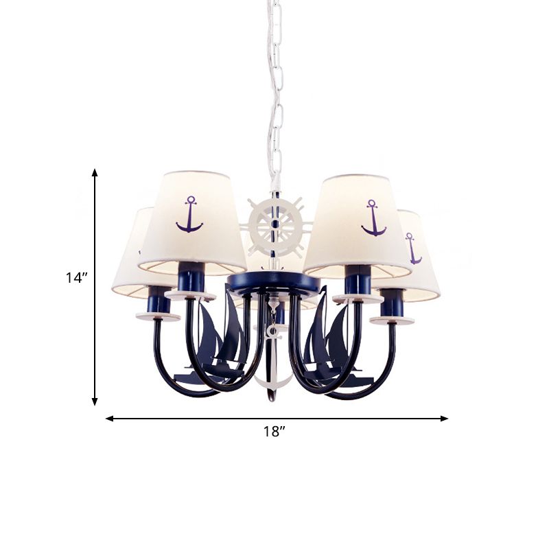 5/6-Light Bedroom Hanging Chandelier Mediterranean Blue Ceiling Suspension Lamp with Barrel Fabric Shade