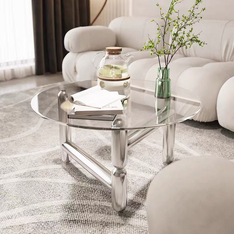 Round Glass Coffee Cocktail Table Steel 3 Legs 1 Single Coffee Table
