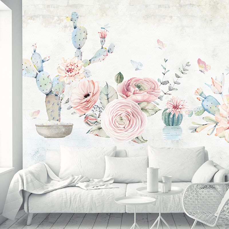 Tropix Cactus and Peony Murals Pink-Blue Stain-Resistant Wall Art for Living Room
