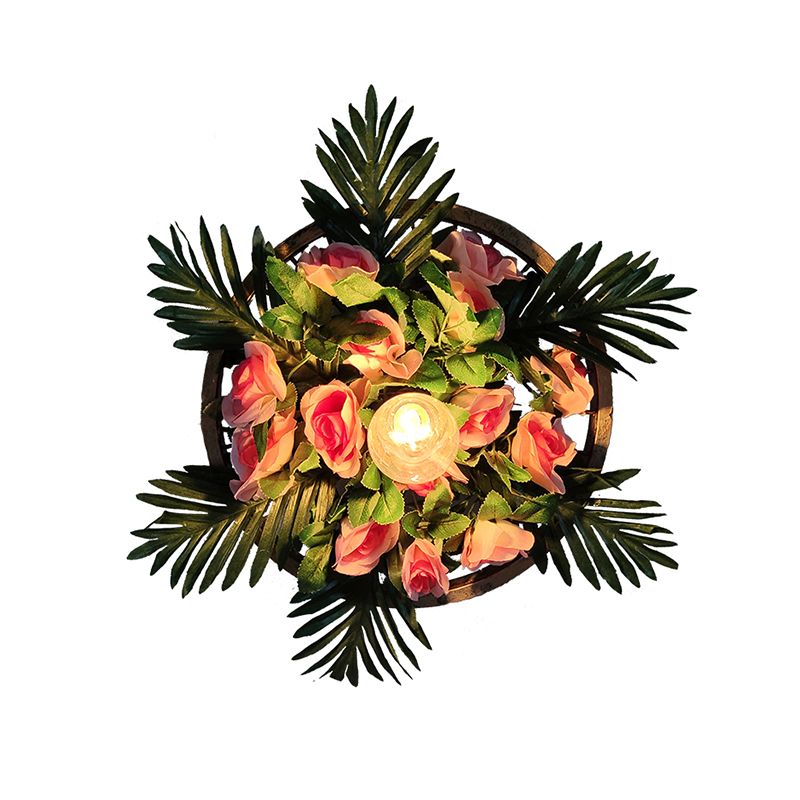 Einzel Wagenradwand Lampe Industrial Metallwandmontiertes Licht mit künstlichen Pflanzen -Deko