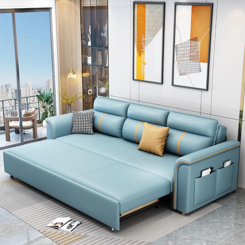 Blue Faux leather Sofa Bed Square Arm Sleeper Sofa, 31.49" Wide