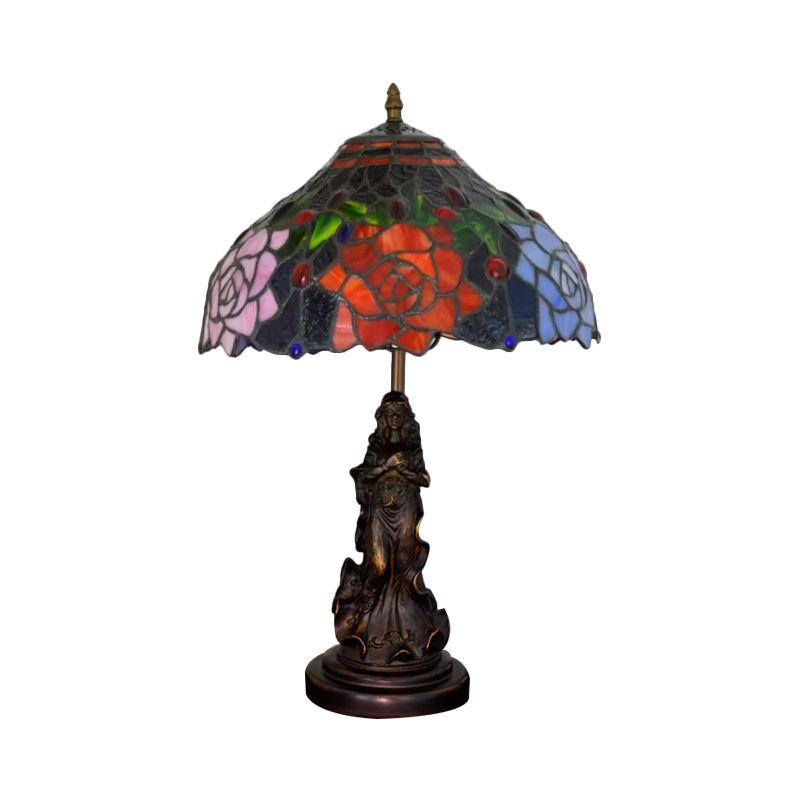Stained Art Glass Red/Orange Night Light Flowering Single Bulb Tiffany-Style Table Lamp with Angel Statue