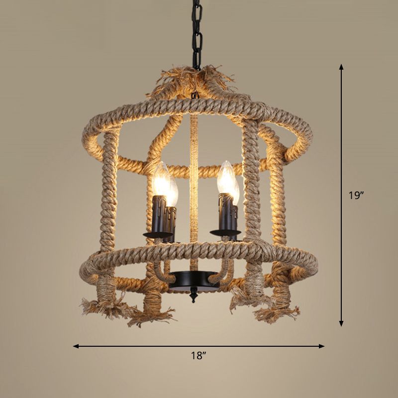 Beige 4 Lights Chandelier Light Fixture Traditional Rope Cylinder Pendant Lamp for Dining Room