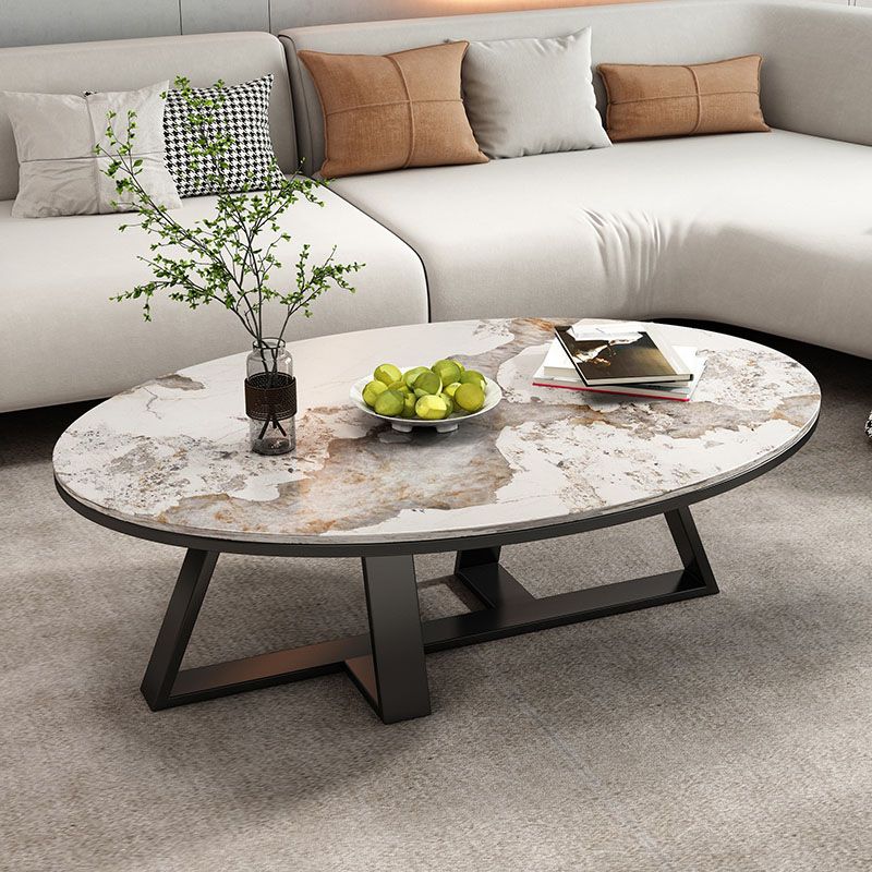 Metal Cross Legs Cocktail Table Luxurious Oval Stone Top Coffee Table