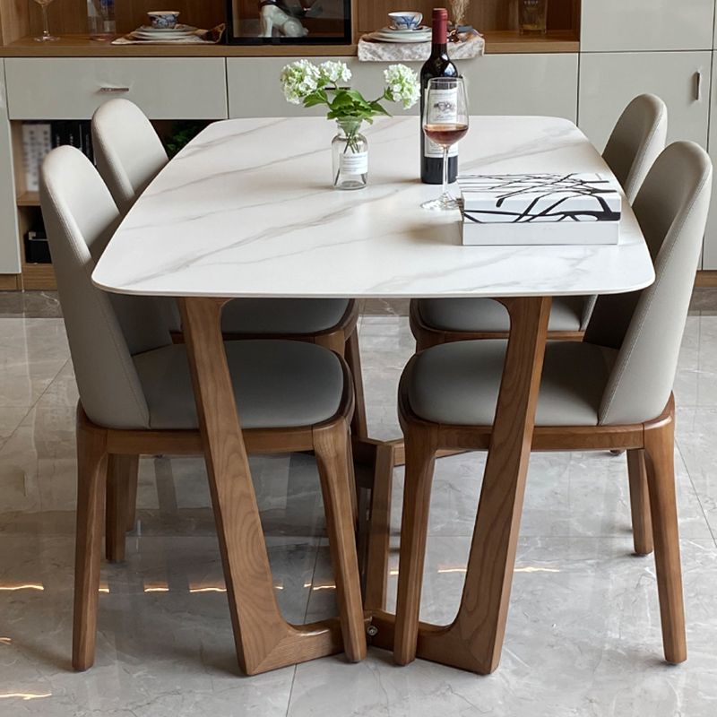 Contemporary Style White Slate Dining Table Rectangular Formal Dinette Set with Wood Base