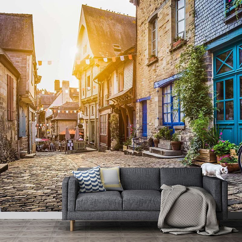 Moisture-Resistant Mural Non-Woven Fabric Mediterranean Street View Wall Art for Decoration