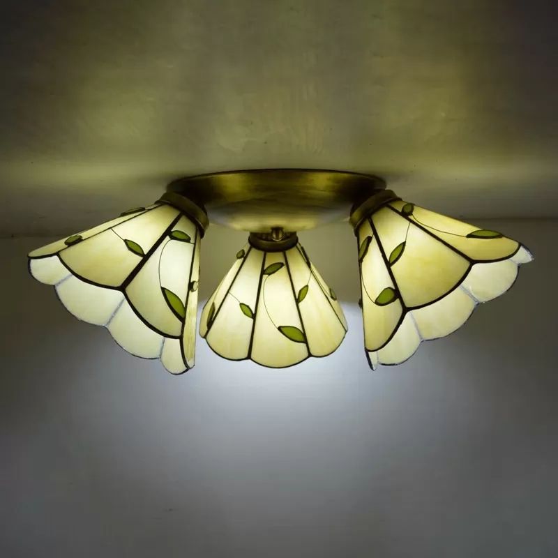 3 Heads Ceiling Flush Light Fixture Tiffany Small Stained Glass Flush Mount Lighting for Hall