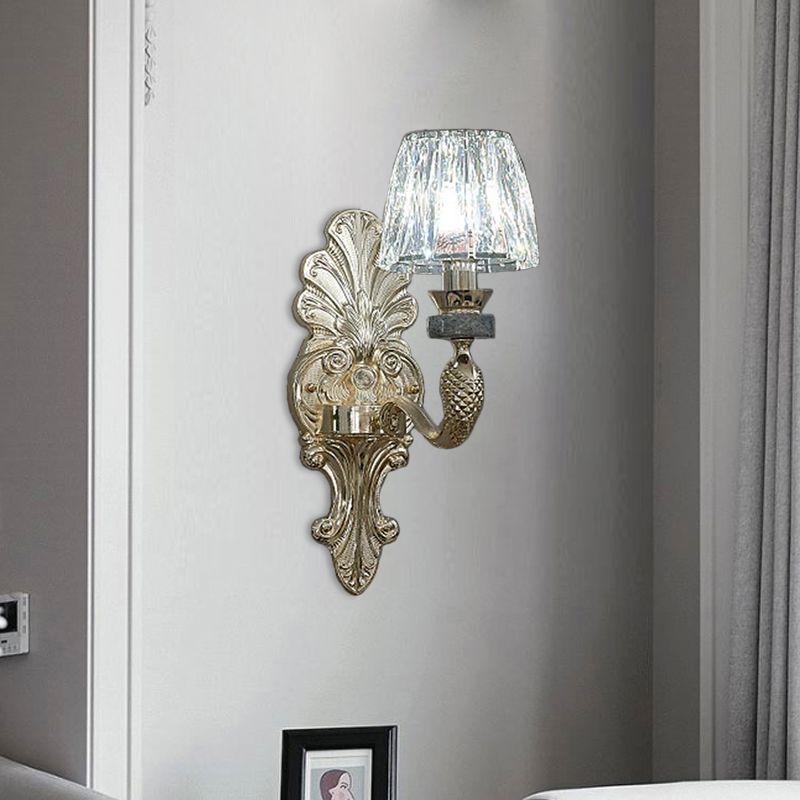 K9 Crystal Prism Cone Shade Wall Lamp Antique 1/2-Bulb Dining Room Wall Sconce Light in Gold