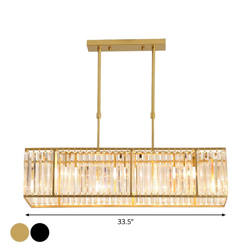3/4-Bulb Hanging Island Light Modern Restaurant Pendant Lamp with Crystal Rectangle Shade in Black/Gold