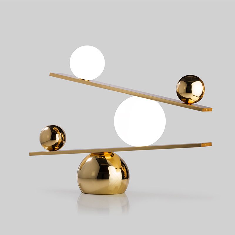 2 Heads Living Room Task Lighting Modern Gold Small Desk Lamp with Global Milky Glass Shade