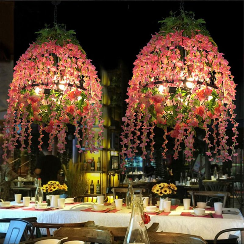 Pink Floral Chandelier Pendant Light Industrial Metal 3 Heads Restaurant LED Hanging Lamping