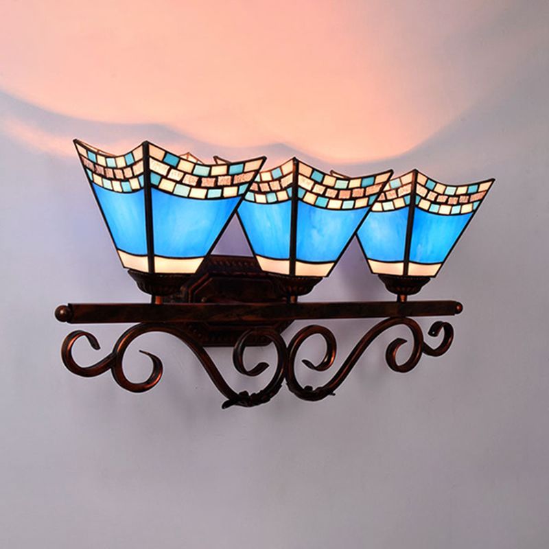 Nautical Vanity Light with Pyramid Shade Stained Glass 3 Heads Wall Sconce Lighting