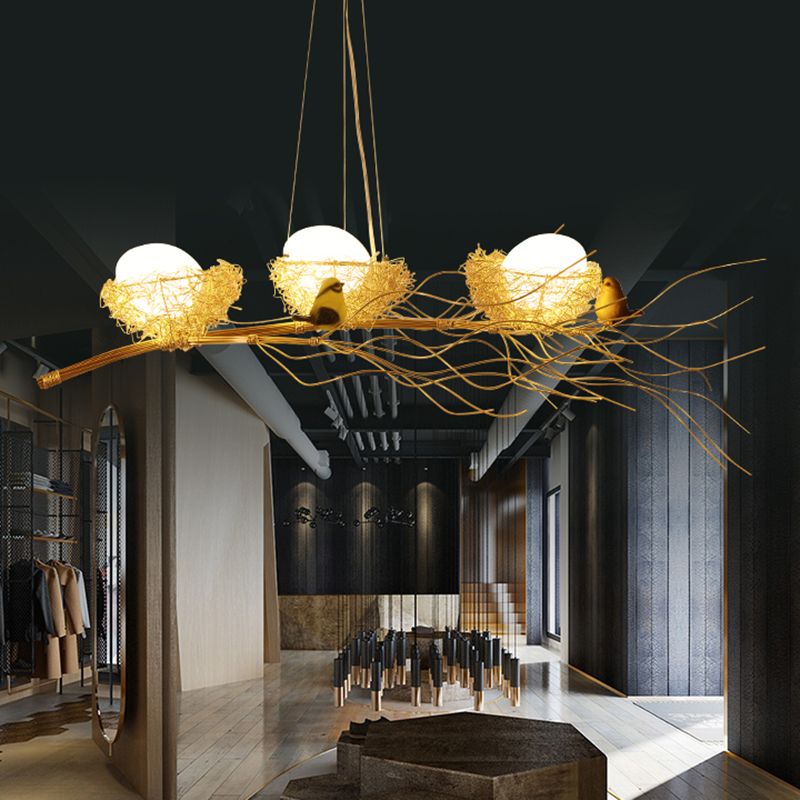 Aluminum Wire Nest Island Lamp Artistic Dining Room Suspension Lamp with Egg and Bird in Wood