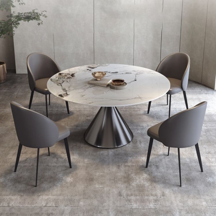 Modern Round White Stone Top Dining Table with Grey Pedestal
