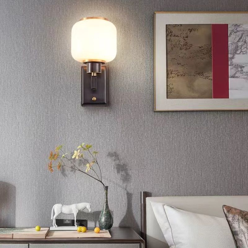 Modern Metal Wall Sconce Lantern Shape Wall Light with Glass Shade for Bedroom