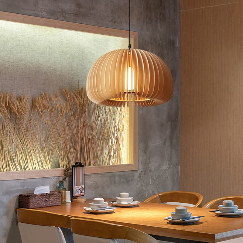Lampada a ciondolo a cupola in legno Moderna 1 testa da 16,5 "Luce di sospensione beige larga per il ristorante