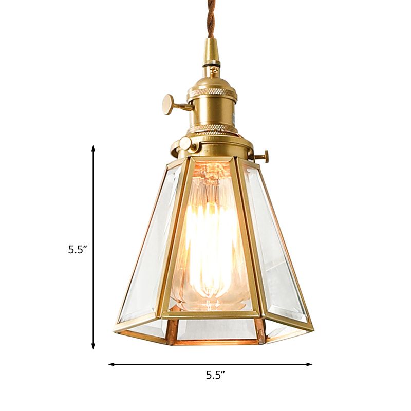 Clear Glass Tapered Suspension Lamp Colonialist 1 Bulb Restaurant Pendant Light Fixture in Gold