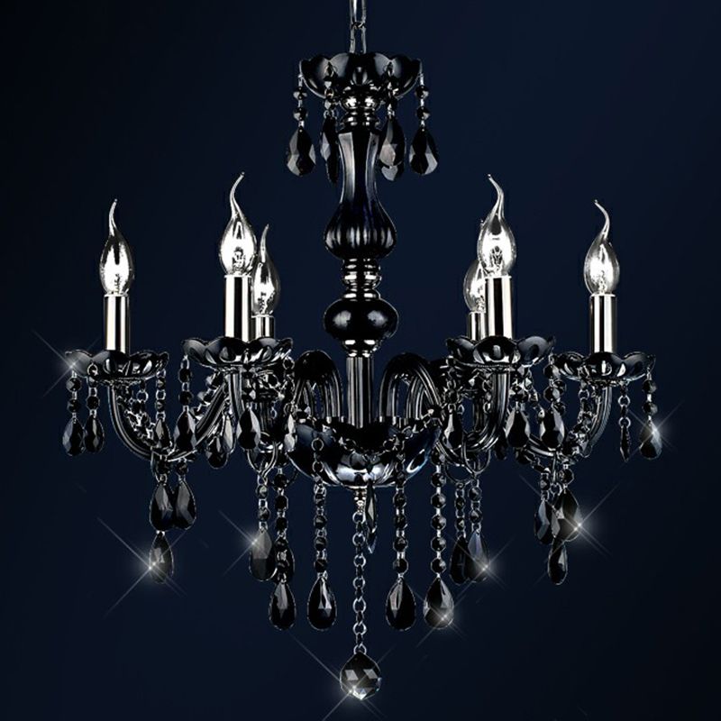 6-Light Candle Chandelier Vintage Black Crystal Ceiling Pendant Light for Living Room