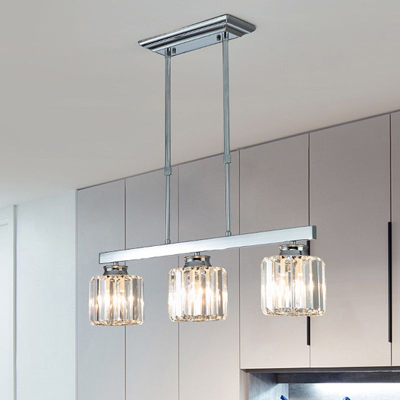 Linear Dining Room Hanging Light Fixture Simple Tri-Sided Crystal Rod 3/4 Heads Silver Island Lamp
