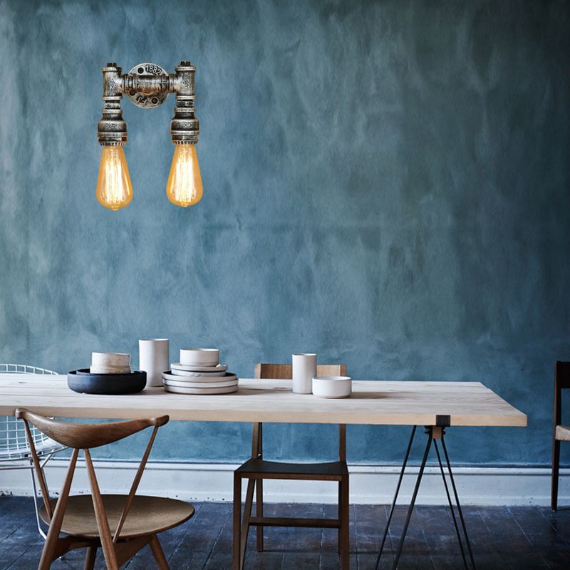 Éclairage d'applications murales industriel Bare Breate avec tuyau d'eau 2 lumières lampe murale métallique en laiton noir / antique