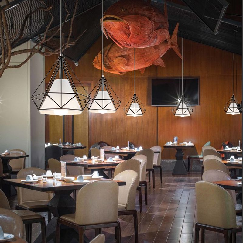 1-Light Diamond Cage Pendant Ceiling Lights Industrial Hanging Light Fixtures with Fabric Shade