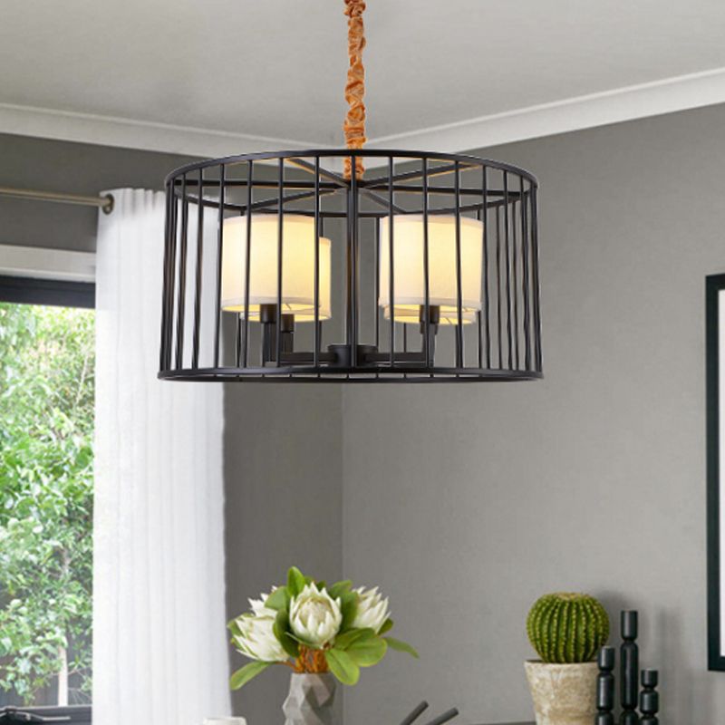 Cilindro soggiorno lampadario a pendente lampadario classico metallo a 4 luci dispositivo appeso nero con tonalità in tessuto