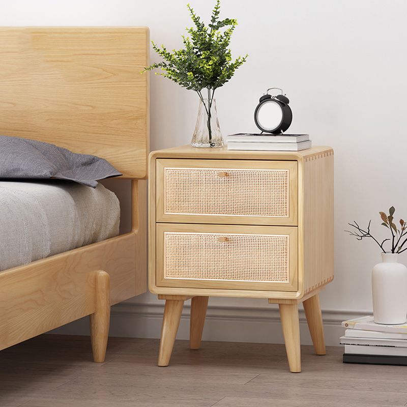 Wicker & Rattan Modern Night Table Solid Wood 2-Drawer Storage 22 Inch H Nightstand