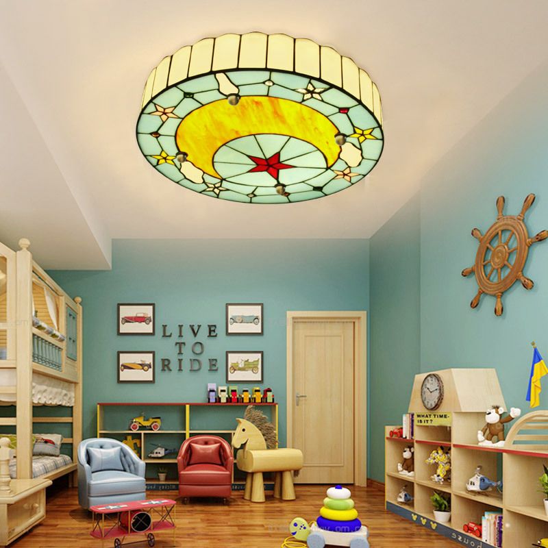 12 "/16" W Luna De Techo A Ras De Luz De Techo Moderno Tiffany Manchado De Vidrio Semivaciado De Luz De Montaje En Azul
