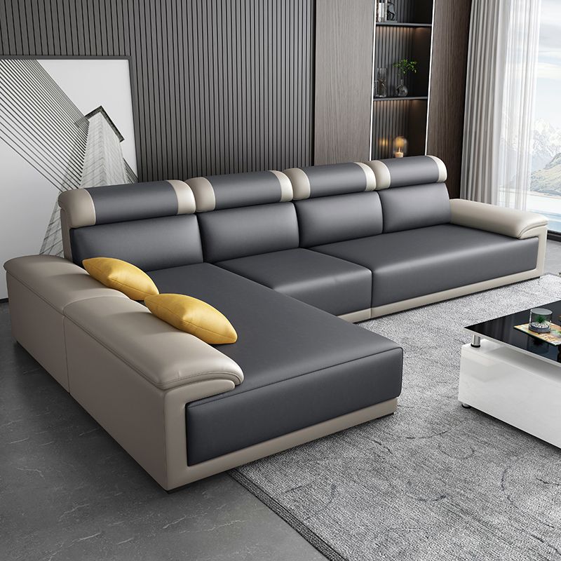 Contemporary Grey Sectional Sofa with Pillow Top Arm in Faux Leather