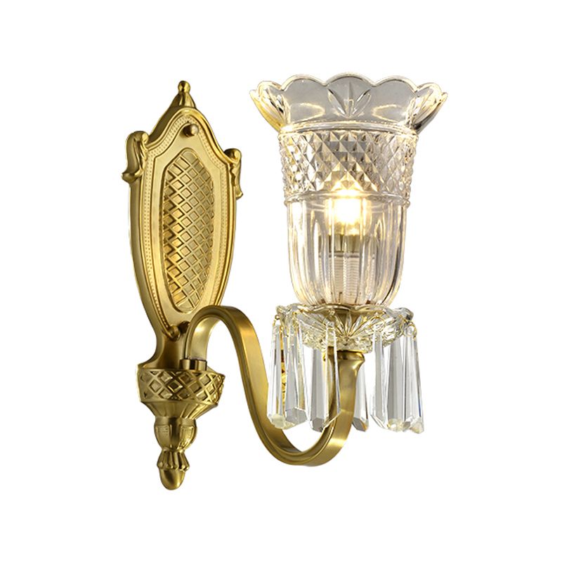 Vintage Floral Shade Up Wall Light 1 Light Clear Crystal Glass Wall Mounted Lamp in Gold