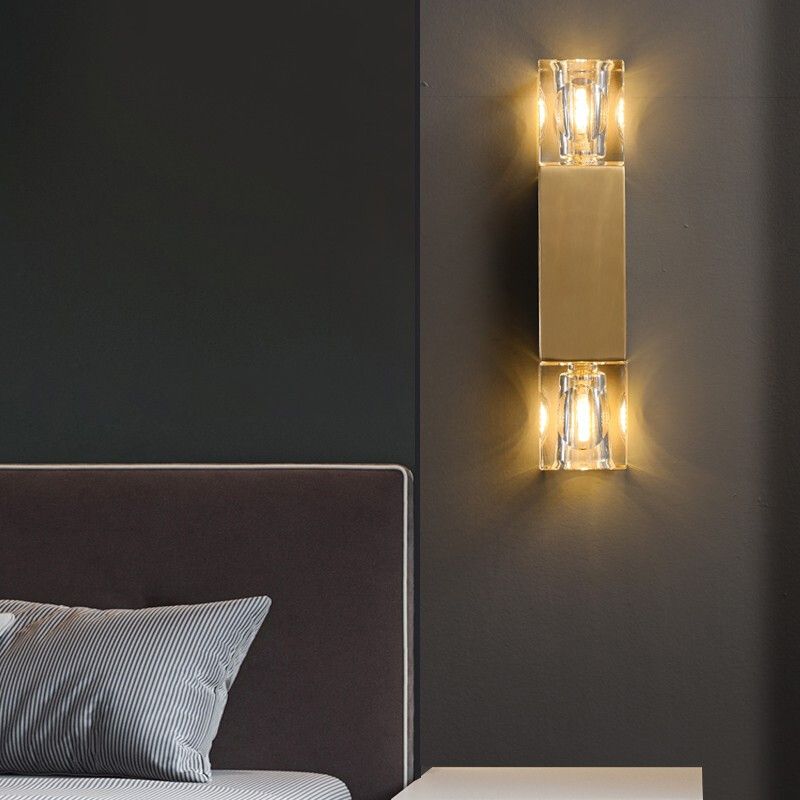 Modern Brass Wall Light Cuboid 12.5" High Wall Sconce with Crystal for Living Room