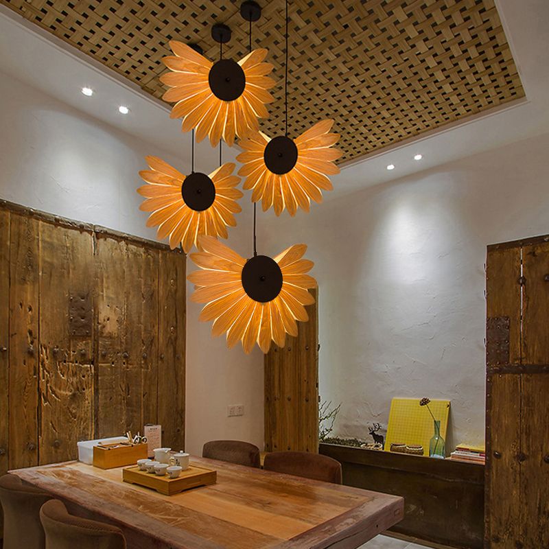 Beige Sunflower Pendant Lighting Modernism 1 Bulb Wood Hanging Light Fixture for Restaurant