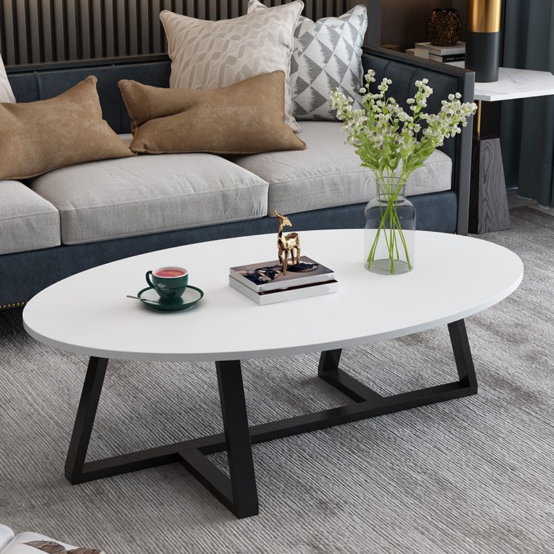 Modern Oval Coffee Table Wood and Steel Coffee Table Cross Legs