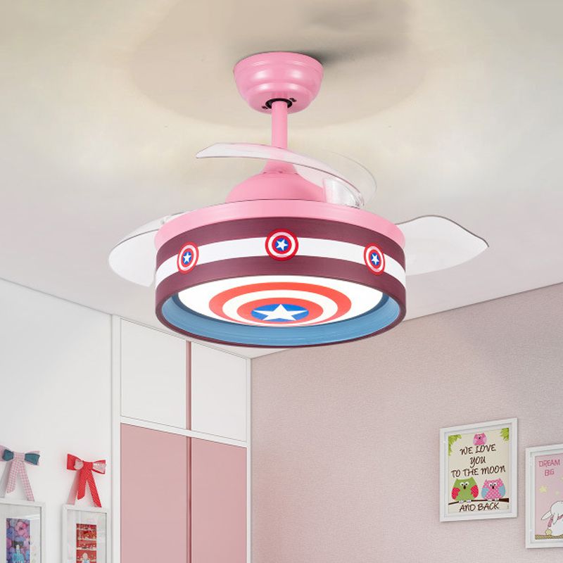 Roze/blauw ronde 3 bladen semi -flush light kids led metallic hangende plafondventilator lamp met heldenschildpatroon, 36 "breed