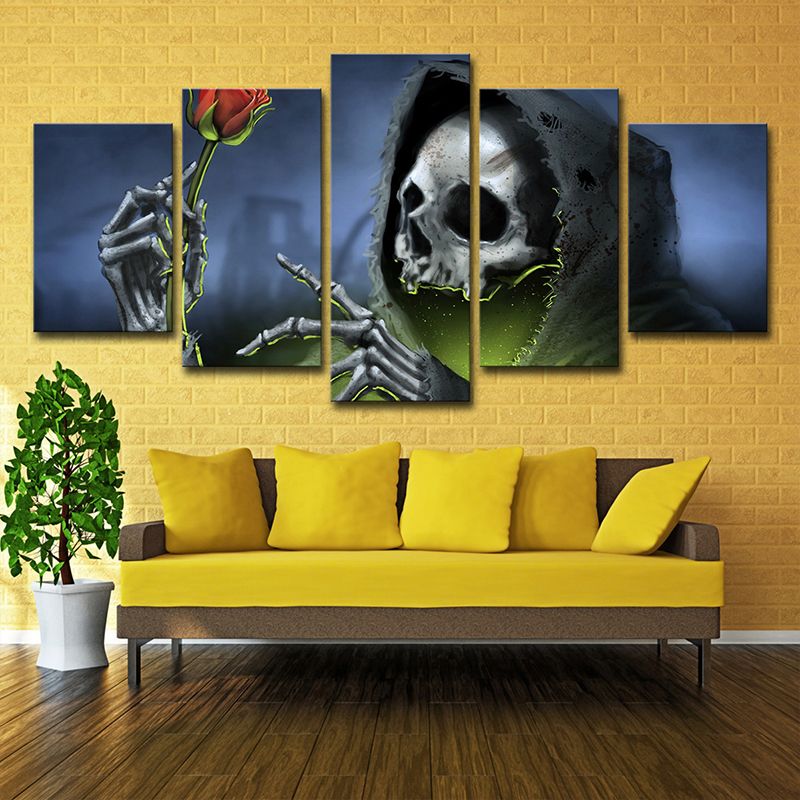 Grim Reaper with Rose Art Print Modern Style Multi-Piece Wall Decor in Blue for Room