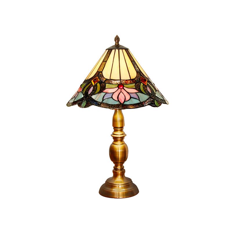 1-Light Table Light Baroque Conical Hand Cut Glass Lotus Patterned Desk Lighting in Brushed Brass