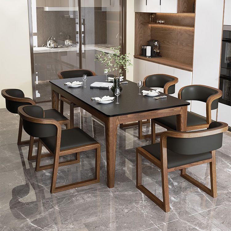 Modern Rectangle Dining Table Black Stone Top Dinette Table with Wooden Legs