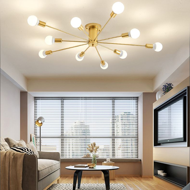 Gold freiliegende halbbündige Deckenleuchte aus Metall im Loft-Stil für Schlafzimmer, halbbündige Montage