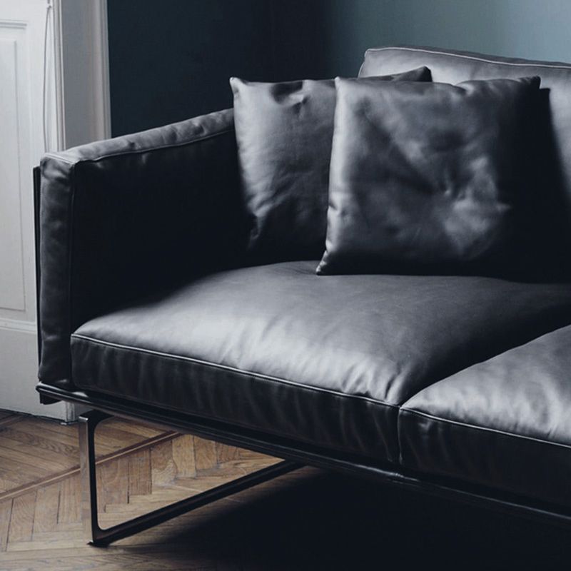 Wooden Genuine Leather Cushions Sofa 31.5"H Contemporary Industrial Square Arm Sofa,Black