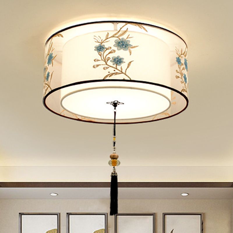 White Geometric Flush Mount in Traditional Concise Style Wrought Iron Ceiling Light with Fabric Shade